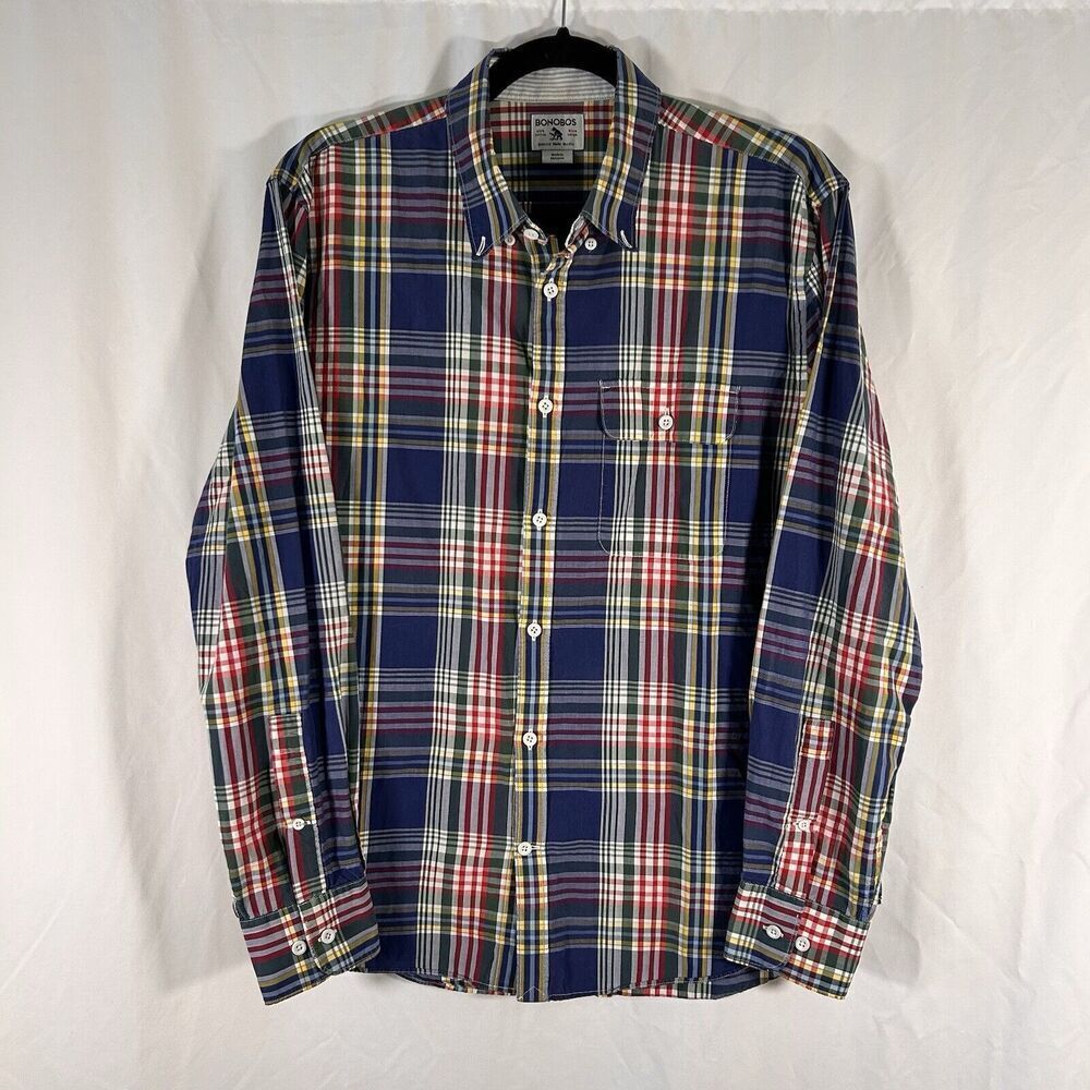 Bonobos Dress Shirt Men's Large Blue Red Plaid Button Up Long Sleeve 100% Cotton
